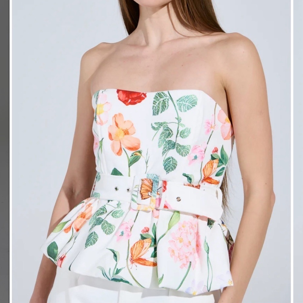 AKIRA Floral Strapless Crop Top - White and Multicolor